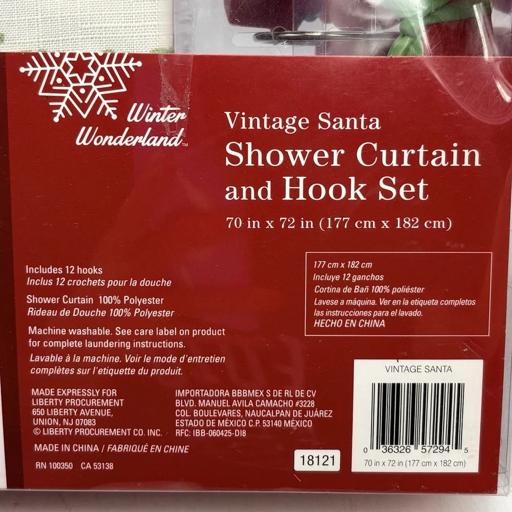 Vintage Santa Shower Curtain Hook Set 70x72 Christmas Bath Decor Gift Hooks NIP
